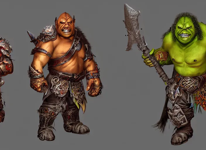 Image similar to three different views of orcs in armour, colourful concept art by senior character artist, trending on artstation, artstation hd, full body, ultra - realistic! intricate!