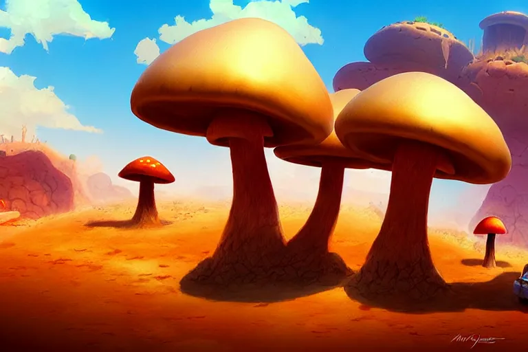 Prompt: Mushroom Kingdom in a desert, by Marc Simonetti and James Gurney | digital painting | trending on artstation