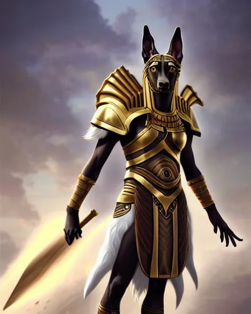 Image similar to nasus the armored egyptian anubis white and brown border collie warrior from videogame league of legends the armored egyptian collie warrior with the face of a white and brown border collie, full body armor, in action attack pose, highly detailed, artstation, cinematic character, by greg rutkowski and charlie bowater