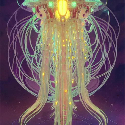 Prompt: A cybertronic jellyfish, sci-fi art by alphonse mucha and greg rutkowski, highly detailed, digital painting, concept art, illustration, dim lighting, trending on artstation, very detailed, smooth, sharp focus