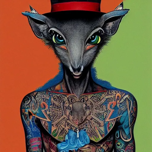 Image similar to a dik dik monster with tattoos, wearing a fedora, tattoos, colorful, digital art, fantasy, magic, trending on artstation, ultra detailed, professional illustration by basil gogos