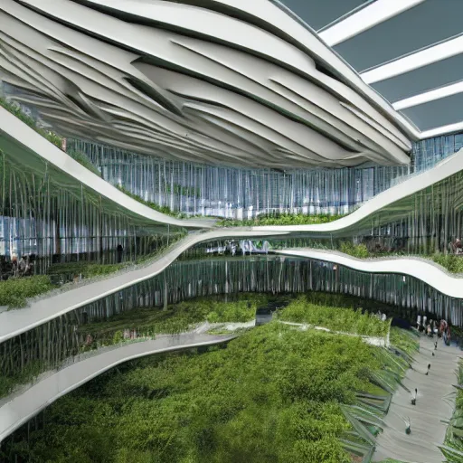 Image similar to futuristic convention centre, ultra modern, photorealistic, organic, forested