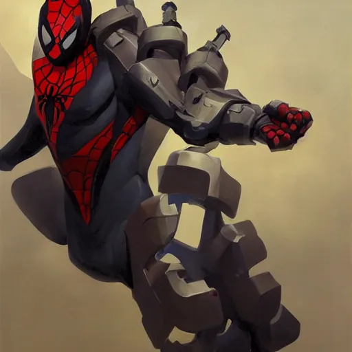 Prompt: greg manchess portrait painting of an armored dark liquid iron spiderman as overwatch character, medium shot, asymmetrical, profile picture, organic painting, sunny day, matte painting, bold shapes, hard edges, street art, trending on artstation, by huang guangjian, gil elvgren, ruan jia, greg rutkowski, gaston bussiere