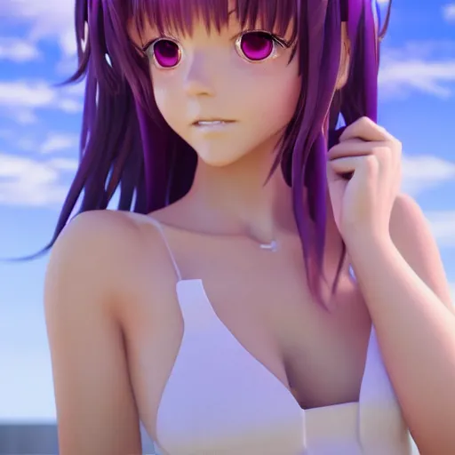 Image similar to Render of a very beautiful 3d anime girl, long hair, hazel eyes, cute freckles, purple hair, full round face, short smile, cute sundress, serene beach setting, medium shot, mid-shot, highly detailed, trending on Artstation, Unreal Engine 4k