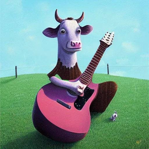 Prompt: cow playing a guitar, illustration by gediminas pranckevicius