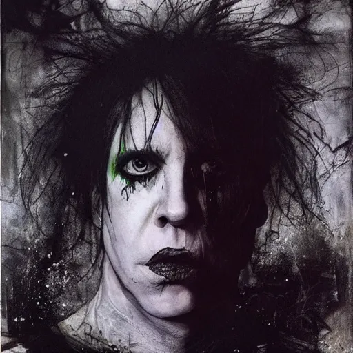 Image similar to gaunt ( the cure fan ) as dream from sandman, sadness, by jeremy mann, by cedric peyravernay, by ben templesmith, by dave mckean and richard avedon, dramatic lightning, dark eye sockets, closed eyes, black t - shirt, 1 9 8 0's, punk rock, gothic, the cure, high detailed, 8 k