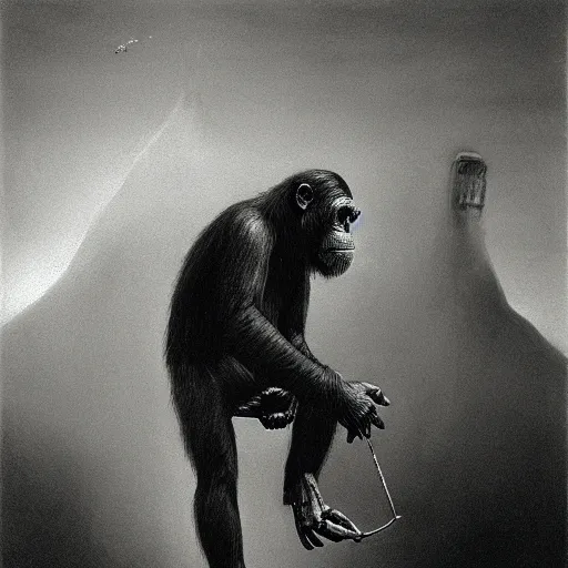 Prompt: chimpanzee as a dark souls boss by zdzisław beksiński