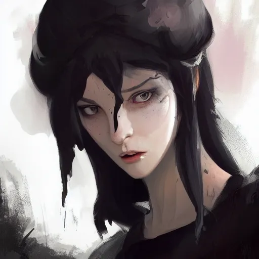 Image similar to female human vampire witch in the style of greg rutkowski, makoto shinkai, trending on artstation, character design, concept art, pretty face, highly detailed, long black hair, portrait, digital art