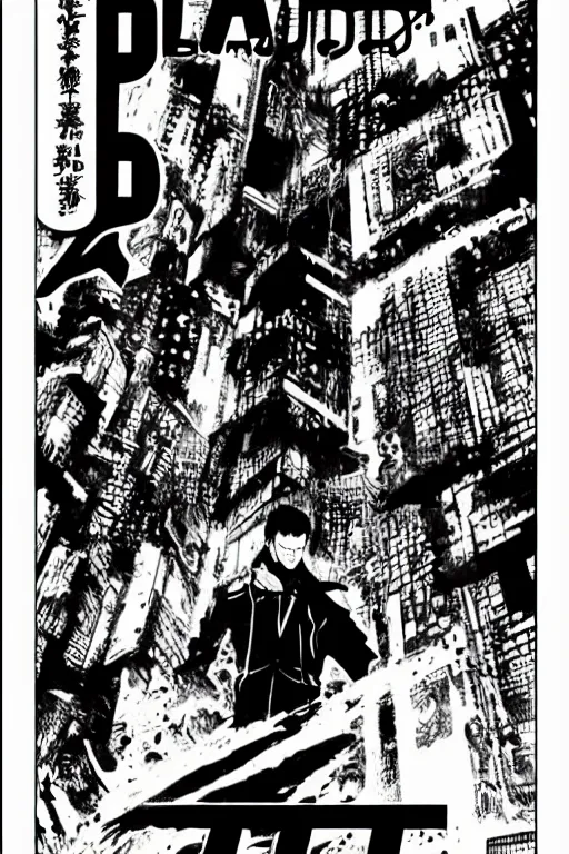 Image similar to bladerunner manga cover, cover art for manga, full color, seinen manga by kentaro miura. text kanji hiragana on the cover simplistic minimalist stylized cover art, coherent professional