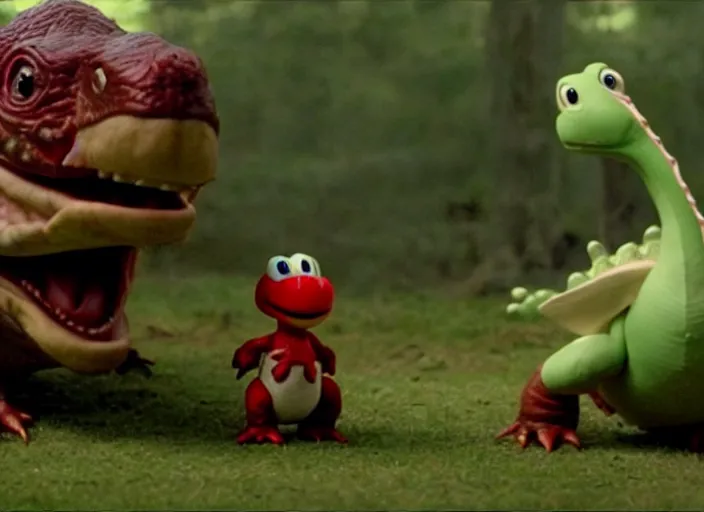 Image similar to film still of yoshi in the new sci - fi movie, cute upright standing upright upright dinosaur standing on its hind legs with a small red turtle shell and sticking out a long sticky tongue, 8 k