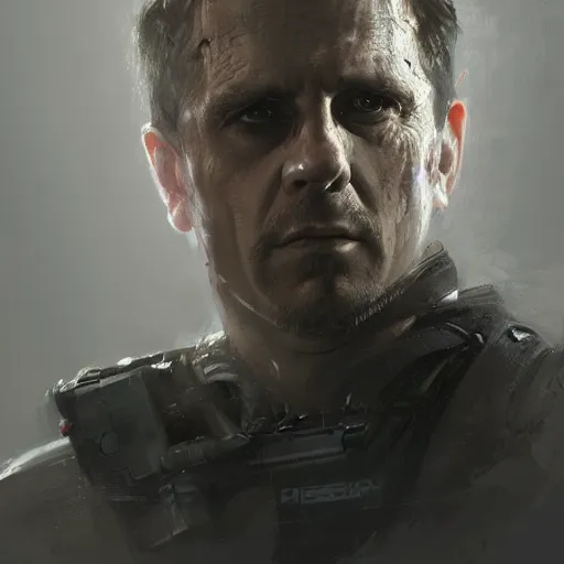 Image similar to portrait of a man by greg rutkowski, he looks like michael biehn, he is wearing a tactical military superhero gear, highly detailed portrait, digital painting, artstation, concept art, smooth, sharp foccus ilustration, artstation hq