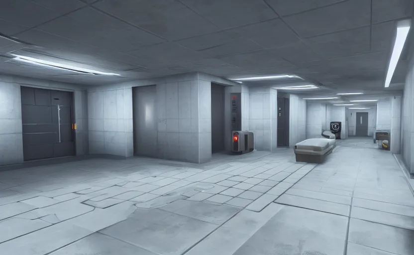 Image similar to screenshot of a first person shooter game on unreal engine 5, narrow modern hallways of a futuristic government facility with white dry wall, photorealistic, retrofuturism