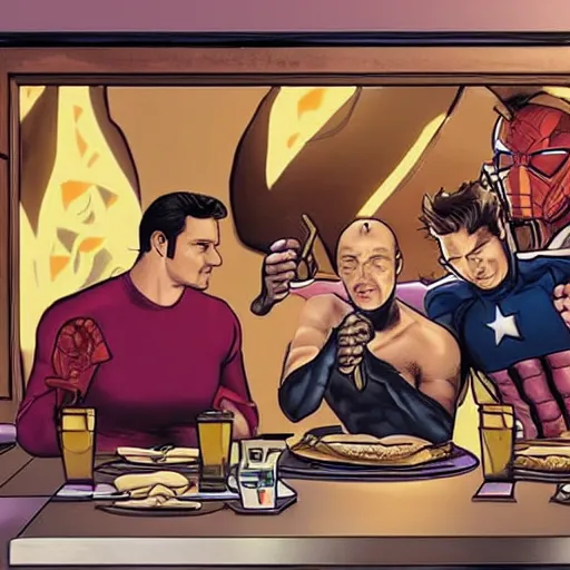 Prompt: The Avengers eating inside of a Taco Bell at midnight, relaxing, dim lighting, relaxed poses, chill, photorealistic