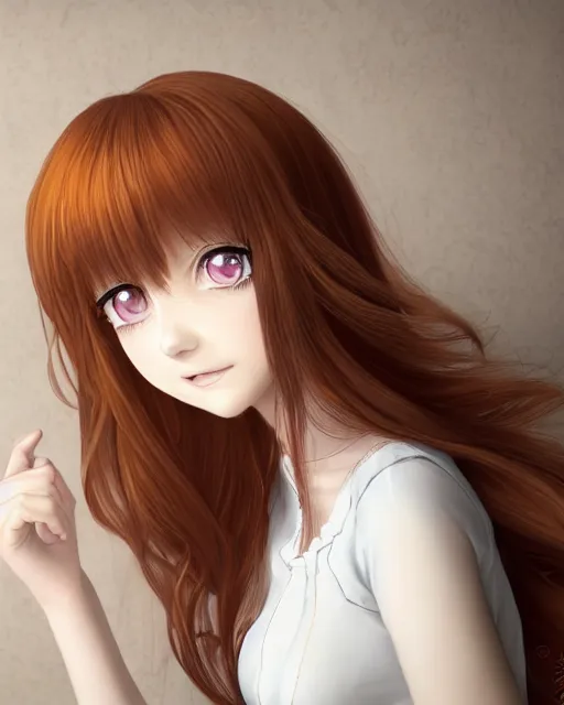 Image similar to happy cute teenage girl Portraits.Closeup of the pretty Anime girl's side face with her head slightly raised.Slightly curly Orange flowing hair by WLOP and VOFAN and mika pikazo,yoneyma Mai