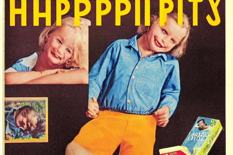Prompt: advertisement 1984 book happy