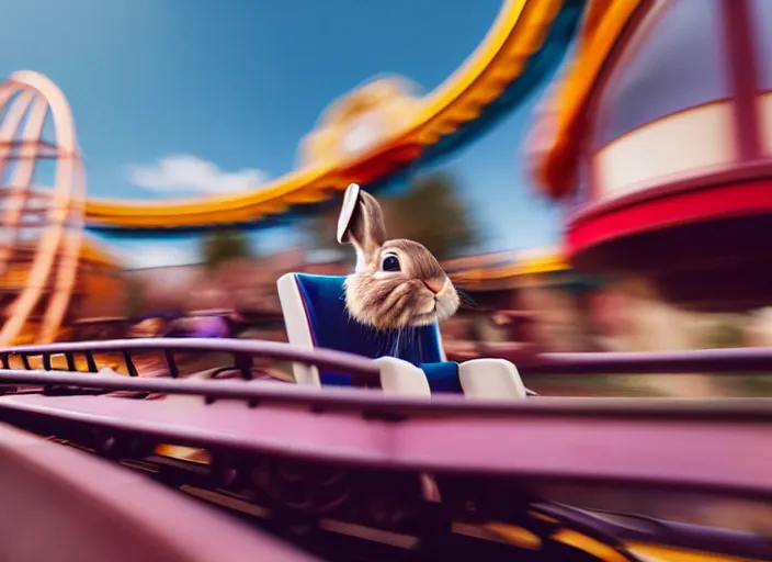 Image similar to film still of a bunny riding a roller coaster in disneyland paris, 8 k