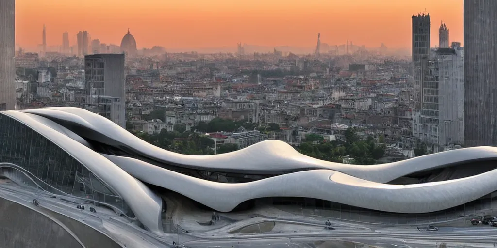 Image similar to extremely elegant smooth detailed stunning sophisticated beautiful elegant futuristic museum exterior by Zaha Hadid, Milan buildings in the background, smooth curvilinear design, stunning volumetric light, stainless steal, concrete, translucent material, beautiful sunset, tail lights