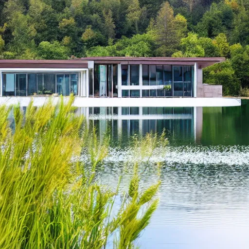 Image similar to a modern house in a national park, there is a lake next to it, landscape