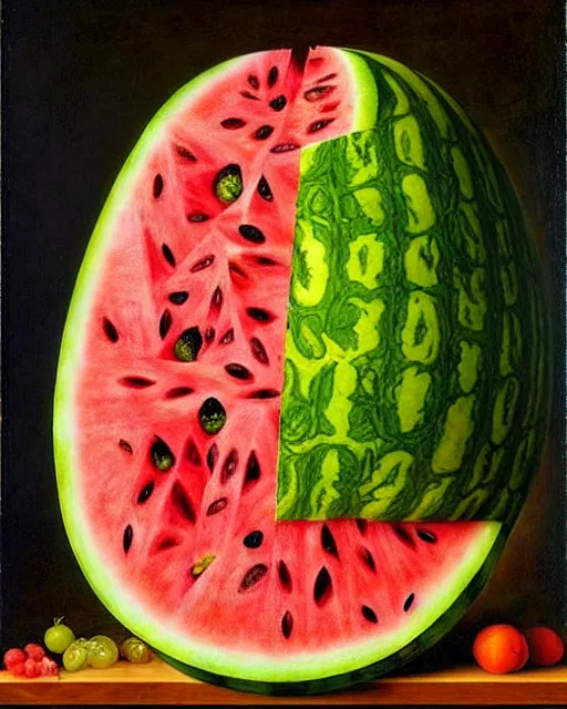 Prompt: interdimensional watermelon being made out of fruits, ethereal still life renaissance painting by giuseppe arcimboldo and alex grey