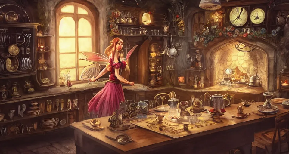 Image similar to a mid - shot of a fairy in a vintage magical kitchen, with one vintage book on a table, with a fireplace in the background d & d, fantasy, intricate, elegant, highly detailed, digital painting, artstation, concept art, smooth, sharp focus, illustration