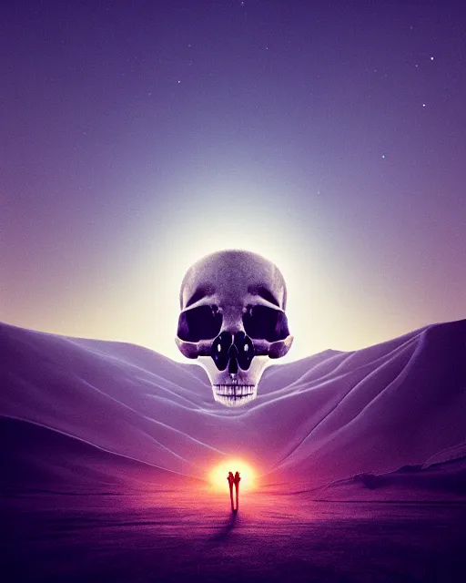 Image similar to epic composition of a skull in dystopian dessert landscape by stuart lippincott, 8 k trending on behance