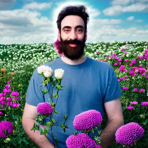 Prompt: a portrait of a man with flowers in the beard, roses peonies forget-me-nots dahlias lupins gladioli, sky theme in background, 35mm Photograph, 4K Resolution, Astrophotography, Digital Art, Trending on artstation