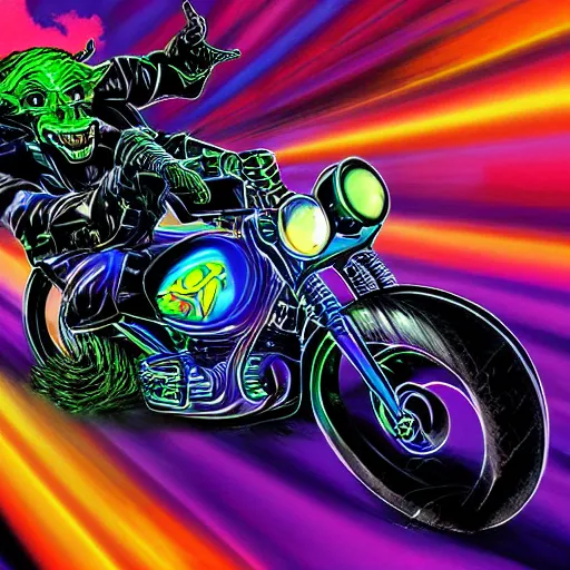 Image similar to psychedelic colorful blacklight airbrush artwork, motorcycle, stylized action shot of an orc biker riding a motorcycle, menacing orc, drifting, skidding, wheelie, clear focused details, soft airbrushed artwork, black background, cgsociety, artstation