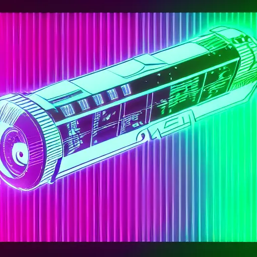 Image similar to A synthwave cigar, inspired by Tron, Trending on Artstation, Digital screenshot,. Faded film grain, 1980s Computer Graphics,