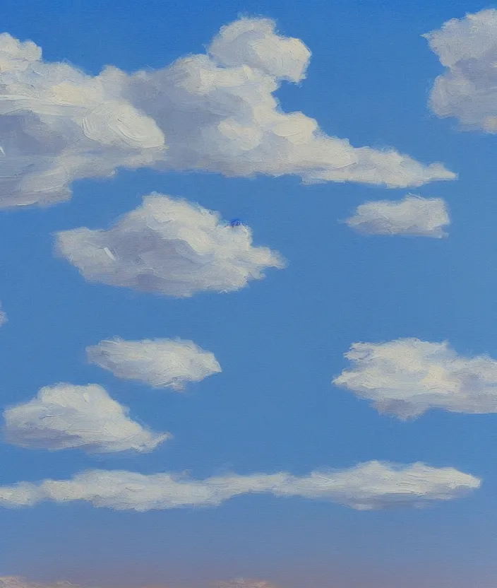 Image similar to baby blue sky with very aesthetic stylized puffy clouds, in the style of edward hopper, very fine brushstrokes, 4 k,