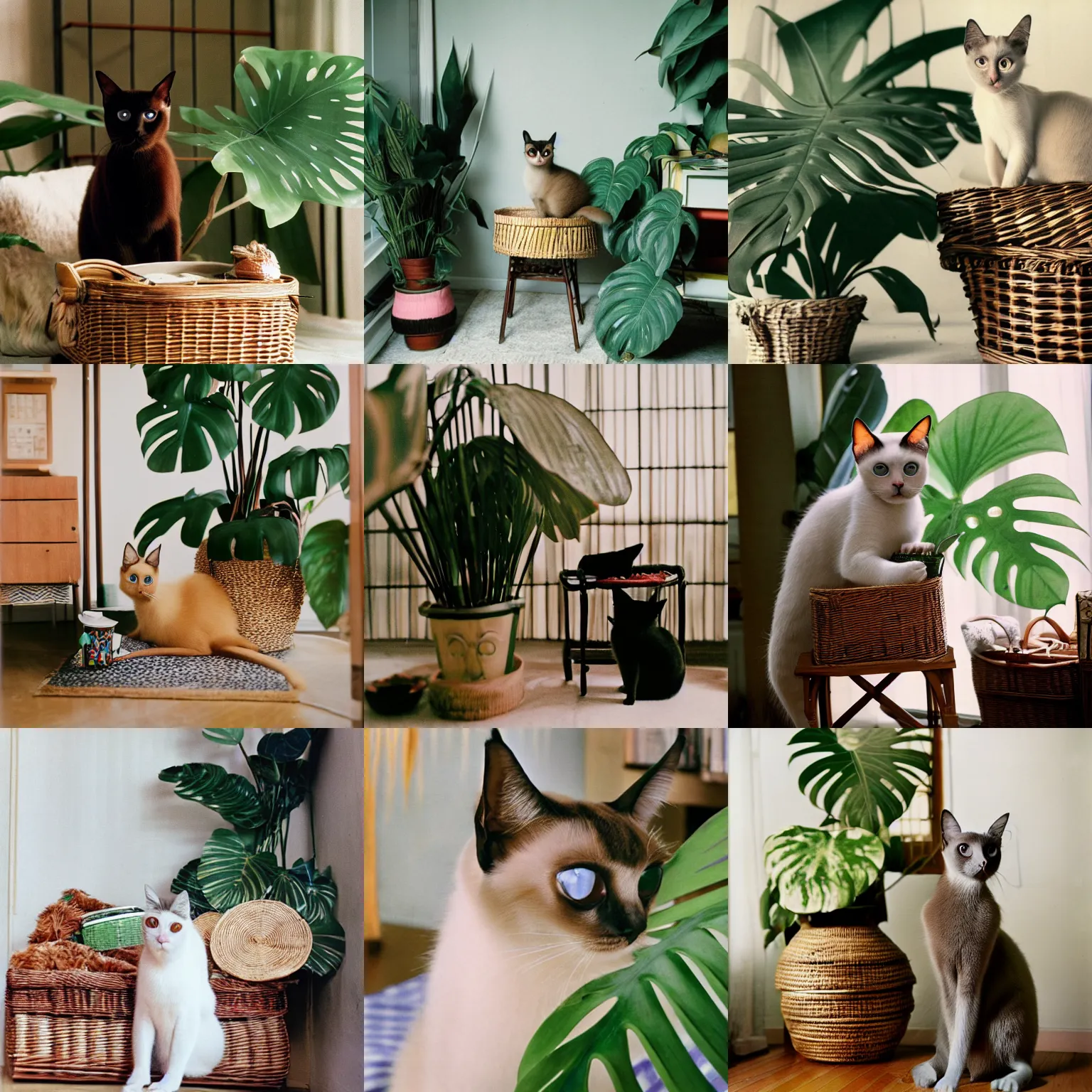 Prompt: artsy cinematography still of siamese cat with monstera and picnic basket in a 1 9 6 0 s brooklyn apartment