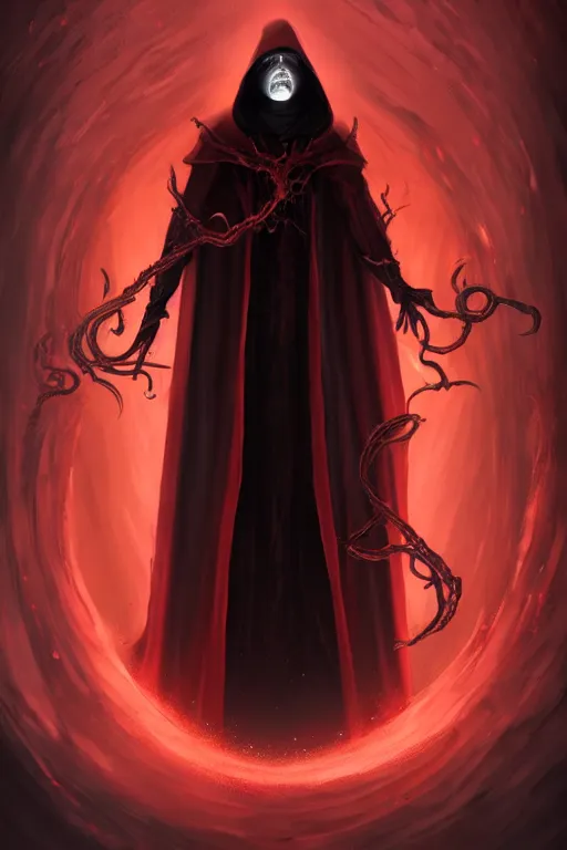 Prompt: A full body portrait of a mysterious character with no face with a very long hooded blood red and black cloak, a golden crown floating above his head tentacles coming out the ground art by James Paick, and Shaddy Safadi, ominous, cosmic horror, trending on artstation, Ultra detailed, hyper realistic 4k