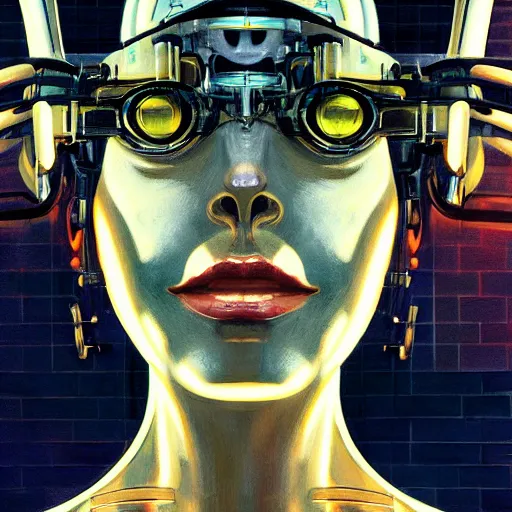 Prompt: detailed face of a clockwork biomechanical woman, moment, cyberpunk cloisters, electronic billboards, tech noir, wet reflections, prism, atmospheric, ambient, pj crook, syd mead, livia prima, greg rutkowski, edward hopper