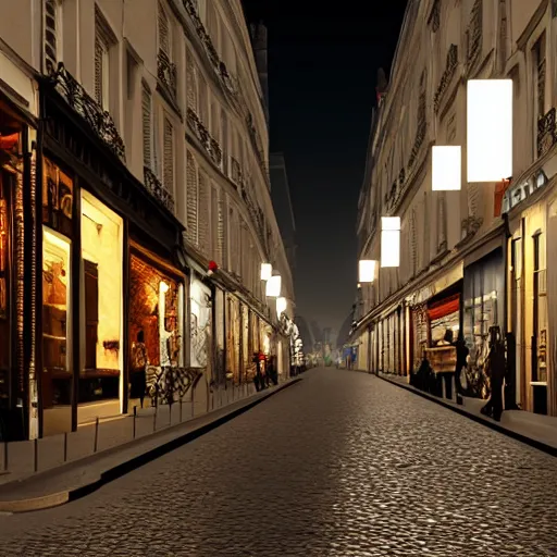 Prompt: night cliché of Paris' street with a lot of little stores open, pretty and smooth lightening 8k unreal engine render