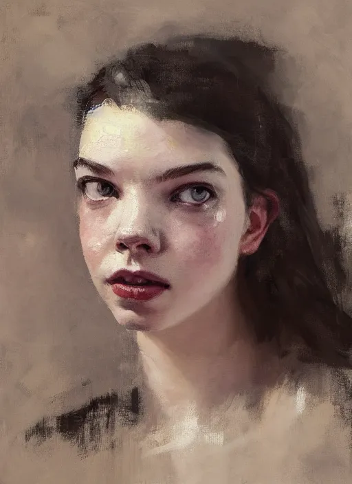 Image similar to portrait painting of anya taylor joy by jeremy mann, only one head single portrait