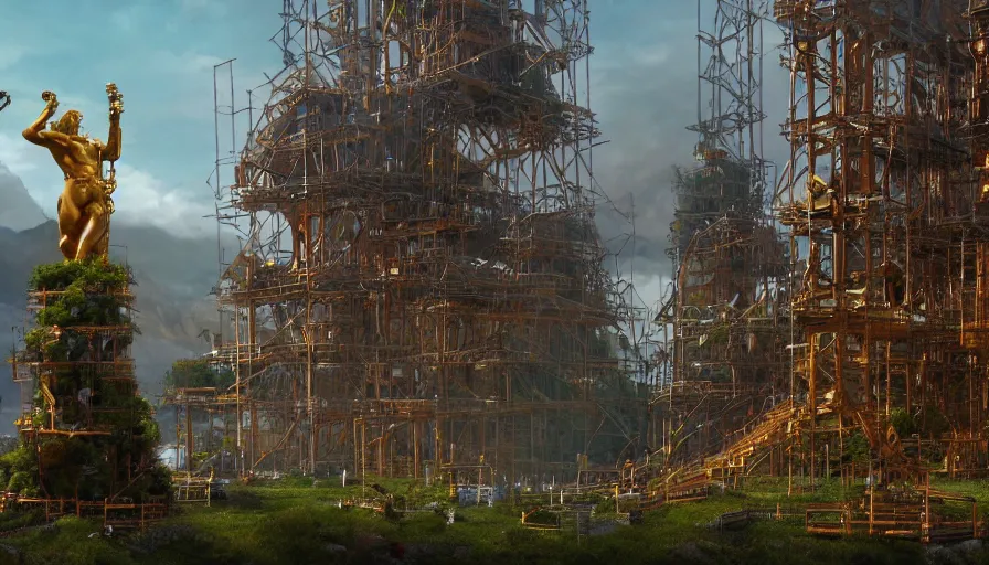 Image similar to dwarves building a giant golden statue with scaffolding in the heart of green mountains,, hyperdetailed, artstation, cgsociety, 8 k