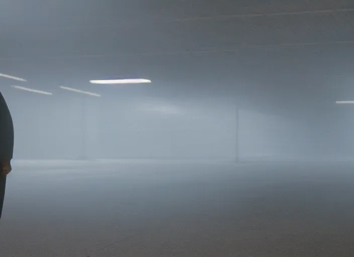 Prompt: cinematic screenshot high wide angle shot of octavia spencer standing in a foggy a desolate strange department store empty parking lot, one car, paranoia everywhere, screenshot from the tense psychological thriller film ( 2 0 0 1 ) directed by spike jonze, volumetric hazy lighting, anamorphic lens, moody cinematography, 3 5 mm kodak color stock