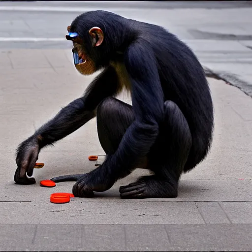 Image similar to a 5 0 mm photo of a chimpanzee picking up pennies on a street in manhattan, breathtaking, detailed and intricate environment, hyperrealistic