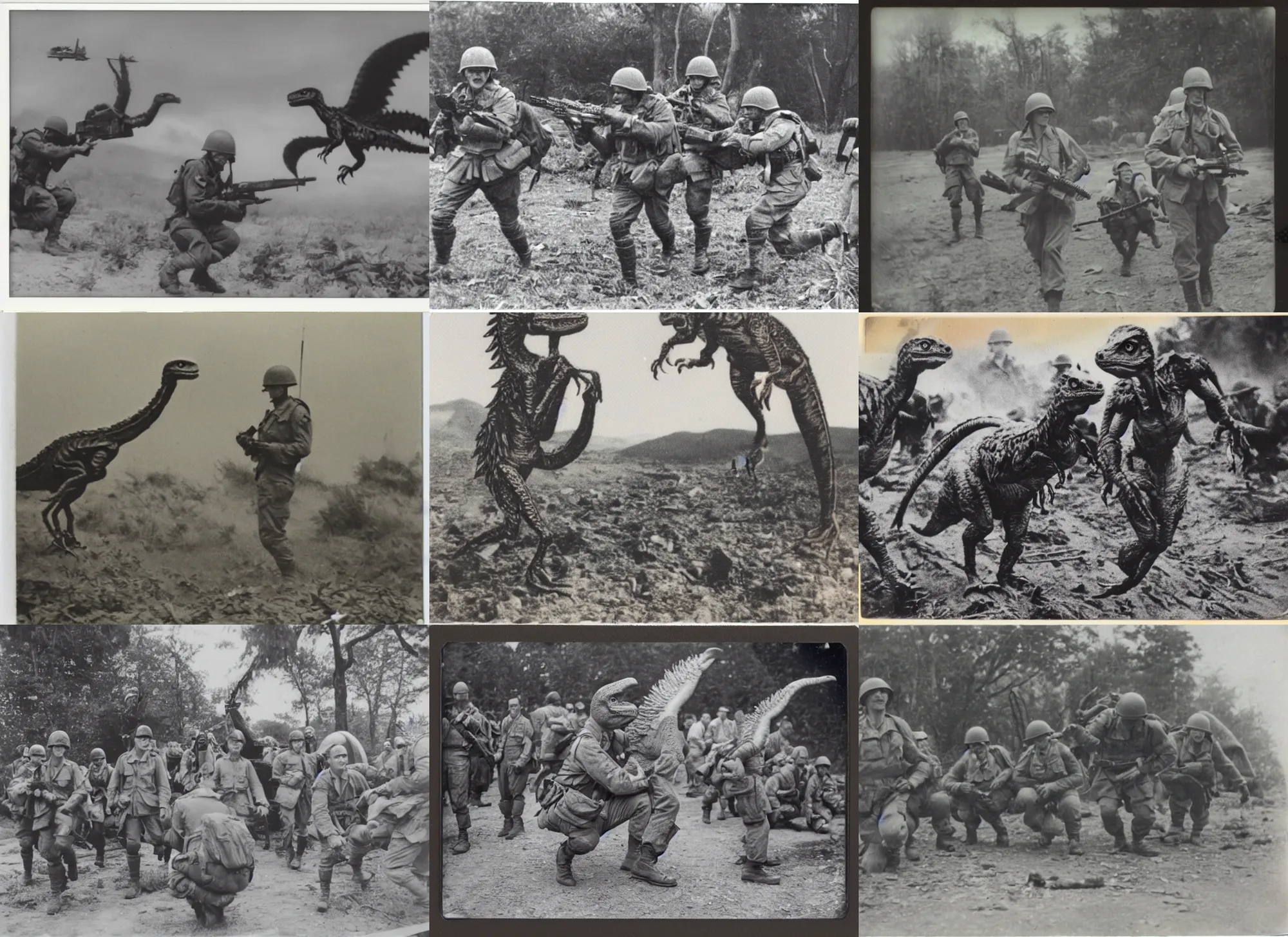 Prompt: a rare Polaroid of a Velociraptor assisting allied soldiers in World War 2