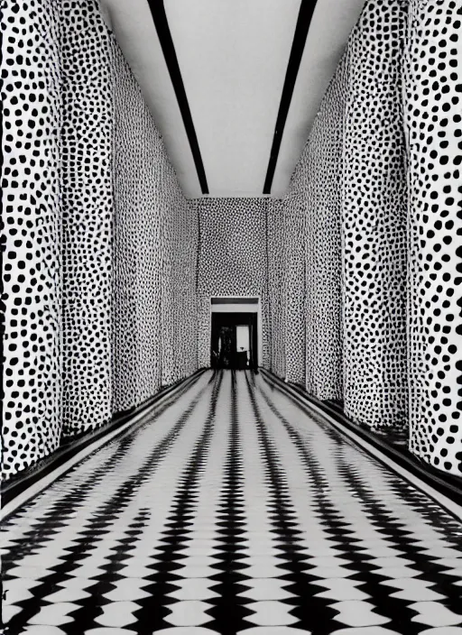 Prompt: a photograph of a symmetrical hallway designed by yayoi kusama, 3 5 mm, film camera, dezeen, architecture