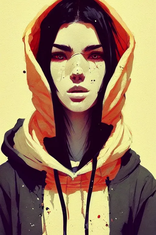 Image similar to a ultradetailed portrait painting of a stylish woman in a oversized hoodie, she has a wolfcut, by conrad roset, greg rutkowski and makoto shinkai trending on artstation