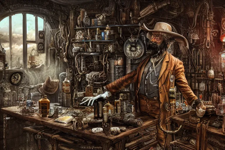 Prompt: Uncle Aloysius, snake oil salesman, wild west crypto pharmaceutical industrialist, cute, fantasy, intricate, elegant, highly detailed, digital painting, 4k, HDR, concept art, smooth, sharp focus, illustration, art by H R Giger
