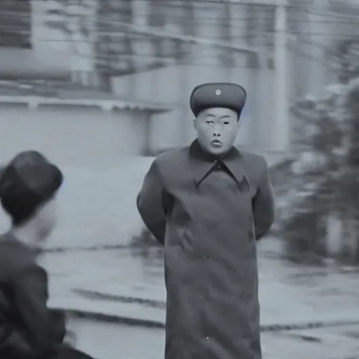 Image similar to a film still of a north korean film noir, video compression, ripple effect