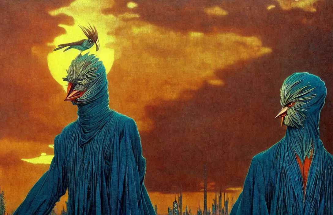 Image similar to realistic detailed portrait movie shot of a birdman wearing dark ragged robes, futuristic city sunset landscape background by denis villeneuve, amano, yves tanguy, alphonse mucha, ernst haeckel, max ernst, roger dean, masterpiece, rich moody colours, bird head, blue eyes, hyperdetailed