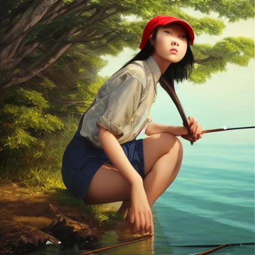 Image similar to oil painting by ilya kuvshinov, ross draws, artgerm, akira toriyama, eiichiro oda, of a youthful japanese girl, long hair, fishing and wearing fisherman's outfit, fisherman's hat, highly detailed, breathtaking face, studio photography, noon, intense bounced light, water reflection, large tree casting shadow, serine intense sunlight