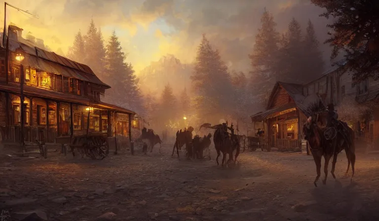 Image similar to old west town, sharp focus, intricate, elegant, digital painting, artstation, matte, highly detailed, concept art, illustration, volumetric lighting, bokeh light, art by greg olsen and liz lemon swindle