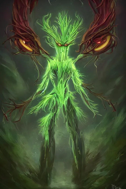 Prompt: a glowing humanoid figure plant monster with large eyes, highly detailed, digital art, sharp focus, trending on art station, plant, anime art style