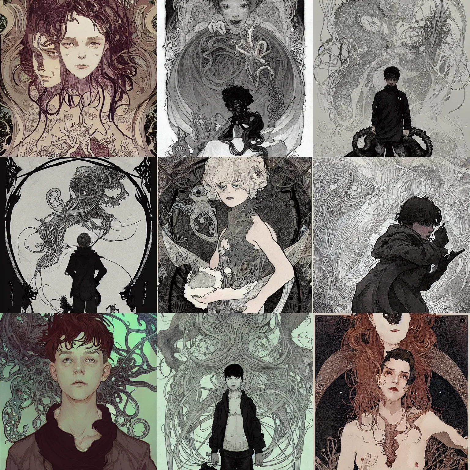 Prompt: a boy surrounded by lovecraftian horrors, highly detailed, gloomy, digital painting, trending on artstation, concept art, sharp focus, illustration, art by alphonse mucha and kaethe butcher and krenz cushart