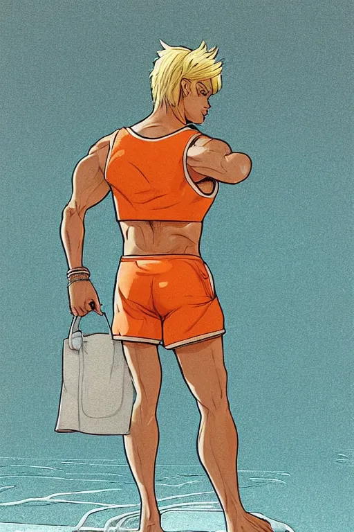 Image similar to a handsome man with blonde hair who is also a male android, ken, muscular, wearing a cut-off white tank top and short light orange shorts, stands by a swimming pool, facing forward, in the style of artgerm and moebius and annie liebovitz, photorealistic, highly detailed