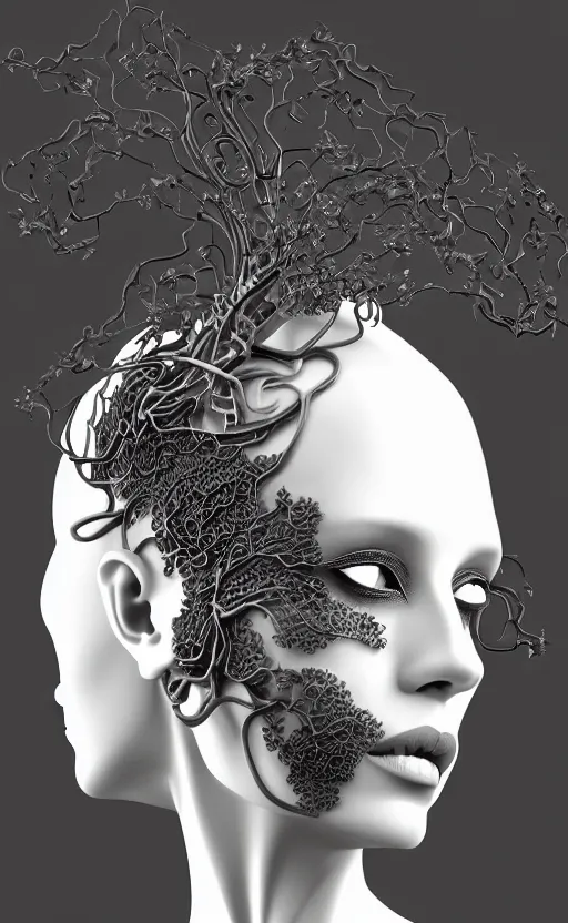 Image similar to black and white complex 3d render of 1 beautiful profile woman porcelain face, vegetal dragon cyborg, 150 mm, sinuous silver metallic ghost orchid flower stems, magnolia, roots, leaves, foliage, greenery, fine lace, maze-like, mandelbot fractal, anatomical, facial muscles, cable wires, microchip, elegant, highly detailed, black metalic carbon armour with silver details, rim light, octane render, H.R. Giger style, David Uzochukwu