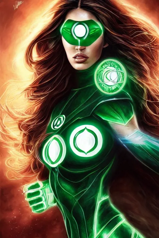 Image similar to majestic and regal portrait of megan fox female green lantern, dc universe, perfect face, beautiful, intricate, epic, elegant, fantasy, highly detailed, digital painting, hard focus, beautiful volumetric lighting, epic light, ultra detailed, by leesha hannigan, ross tran, thierry doizon, kai carpenter, ignacio fernandez rios